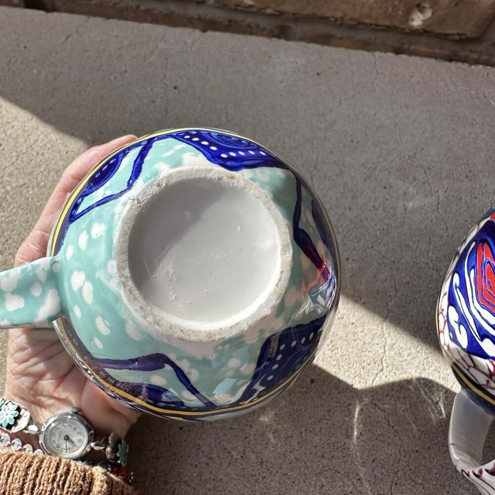 Anthropologie Habari Aztec Printed Ceramic Glossy Coffee Mug Set/2 Blue Orange - Picture 6 of 9